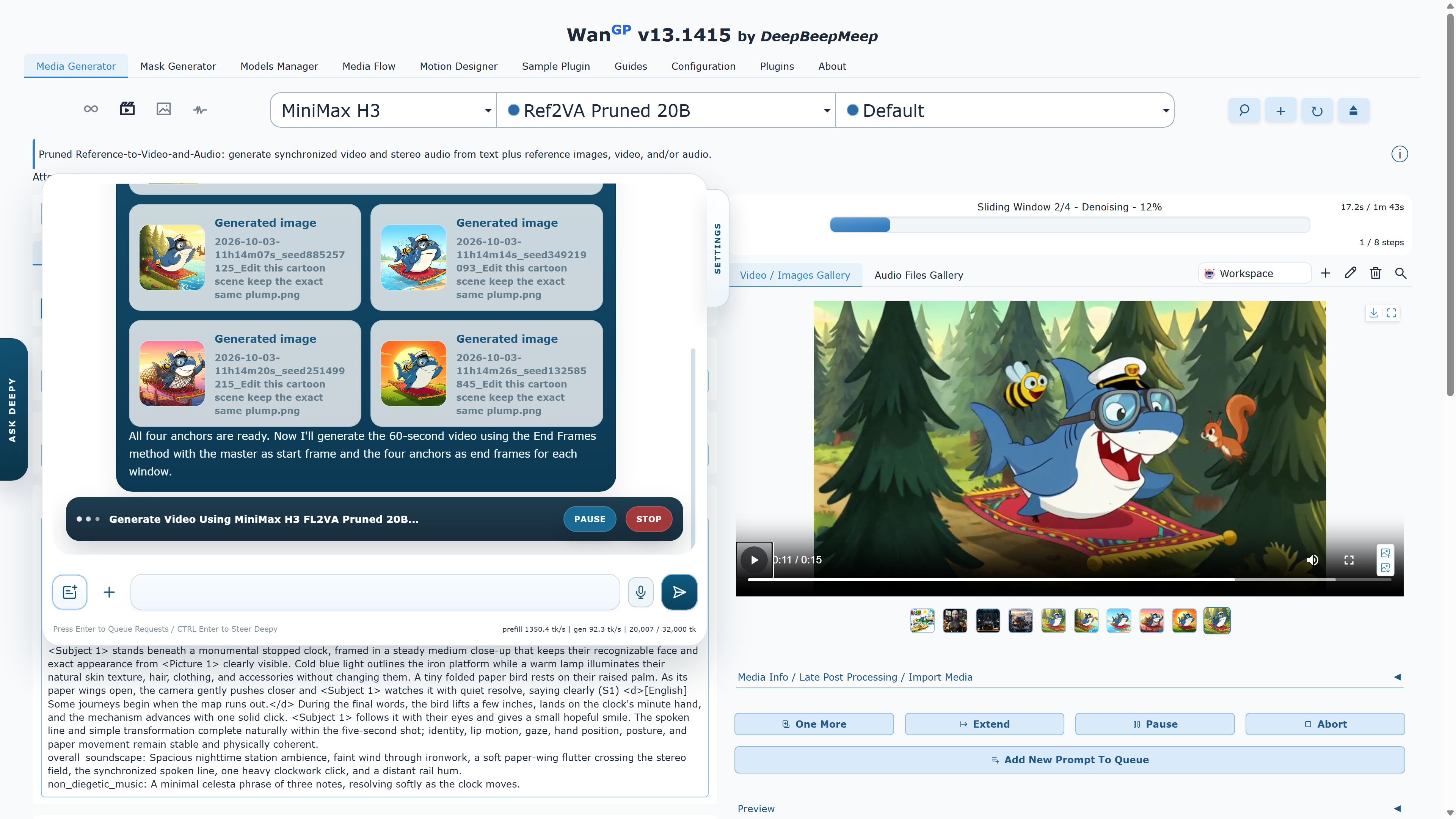 Deepy using four generated scene anchors to create a MiniMax H3 video, with live progress and video playback in WanGP
