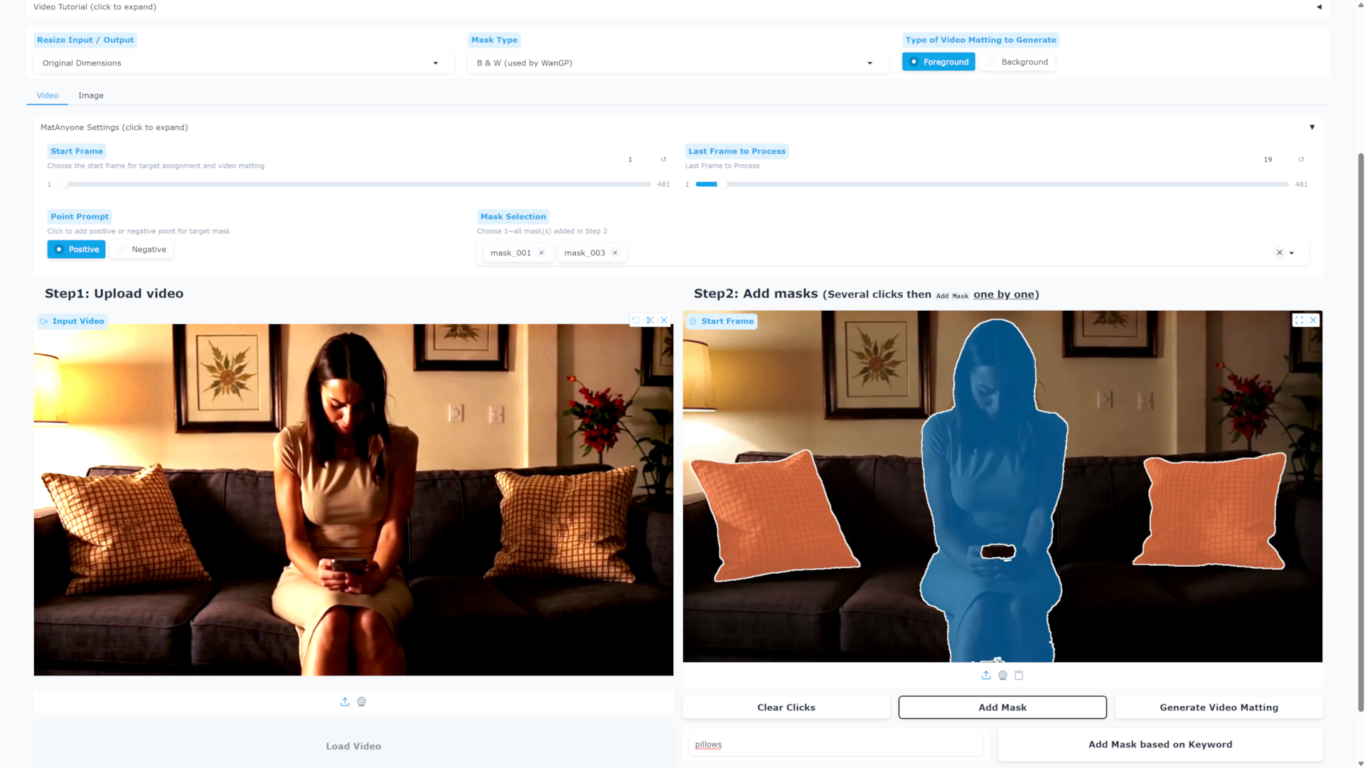 WanGP Mask Generator selecting a person and cushions in a video frame