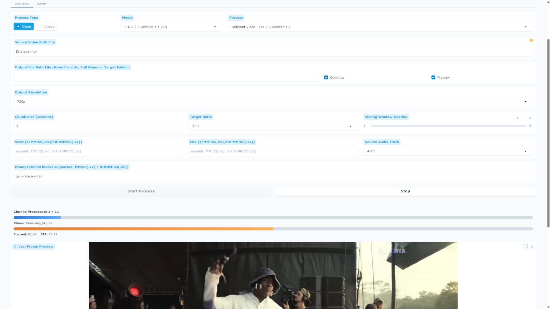 WanGP Media Flow processing a video in chunks with progress and a frame preview