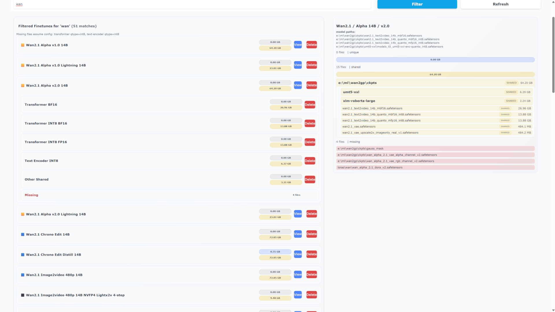 WanGP Models Manager showing checkpoint variants, disk usage, shared files and missing dependencies