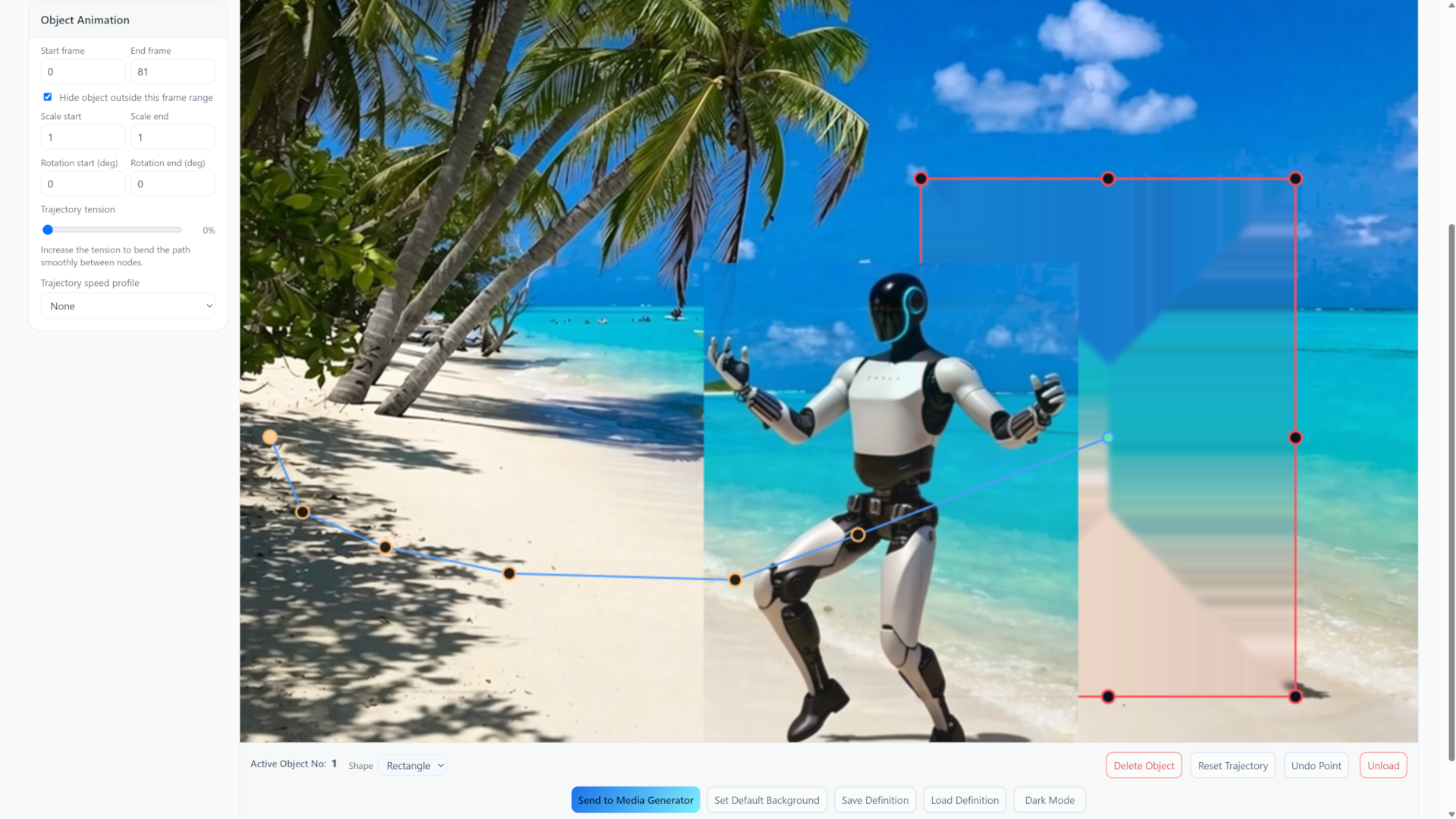 WanGP Motion Designer animating a robot along a curved trajectory on a beach